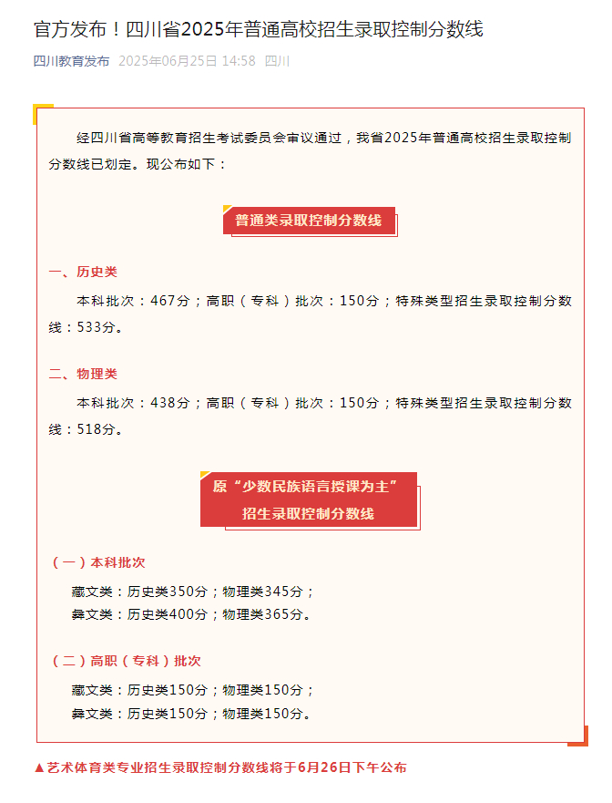 2025年四川高考分数线公布