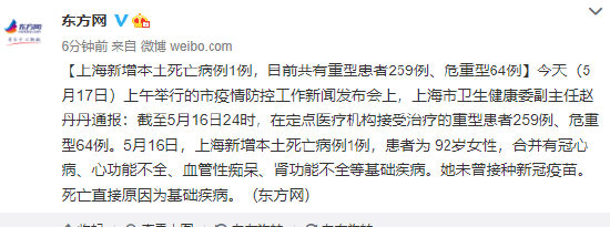 上海新增本土死亡病例1例，目前共有重型患者259例、危重型64例