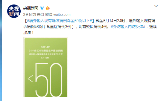 境外输入现有确诊病例降至50例以下