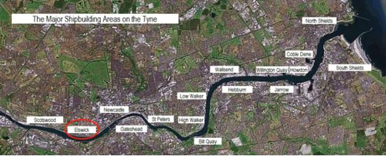 泰恩河下游曾经船厂云集，图中标注处就是埃尔斯维克船厂