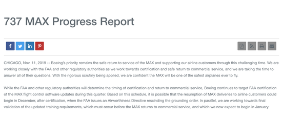 当地时间11月11日，波音公司在官网公布737 MAX客机复飞进展。 官网截图