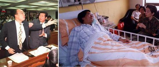 当年民进党“立委”陈水扁（图右）被时任“立委”的韩国瑜（图左一）打了一拳，住进台大医院急诊。