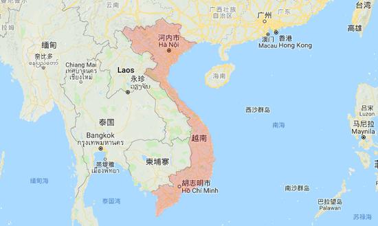 越南所在地理位置（图截自谷歌地图）