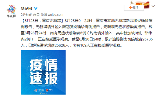 8月28日重庆无新增新冠肺炎确诊病例无新增境外输入确诊病例无新增无