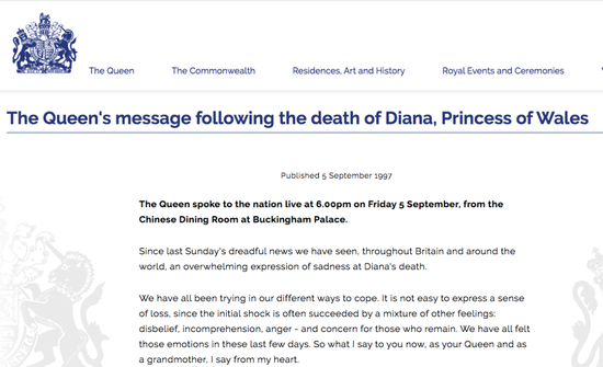 女王对戴安娜王妃去世的致辞。/英国王室网站