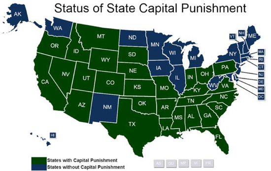 美国废除死刑各州示意图，绿色为保留死刑的州