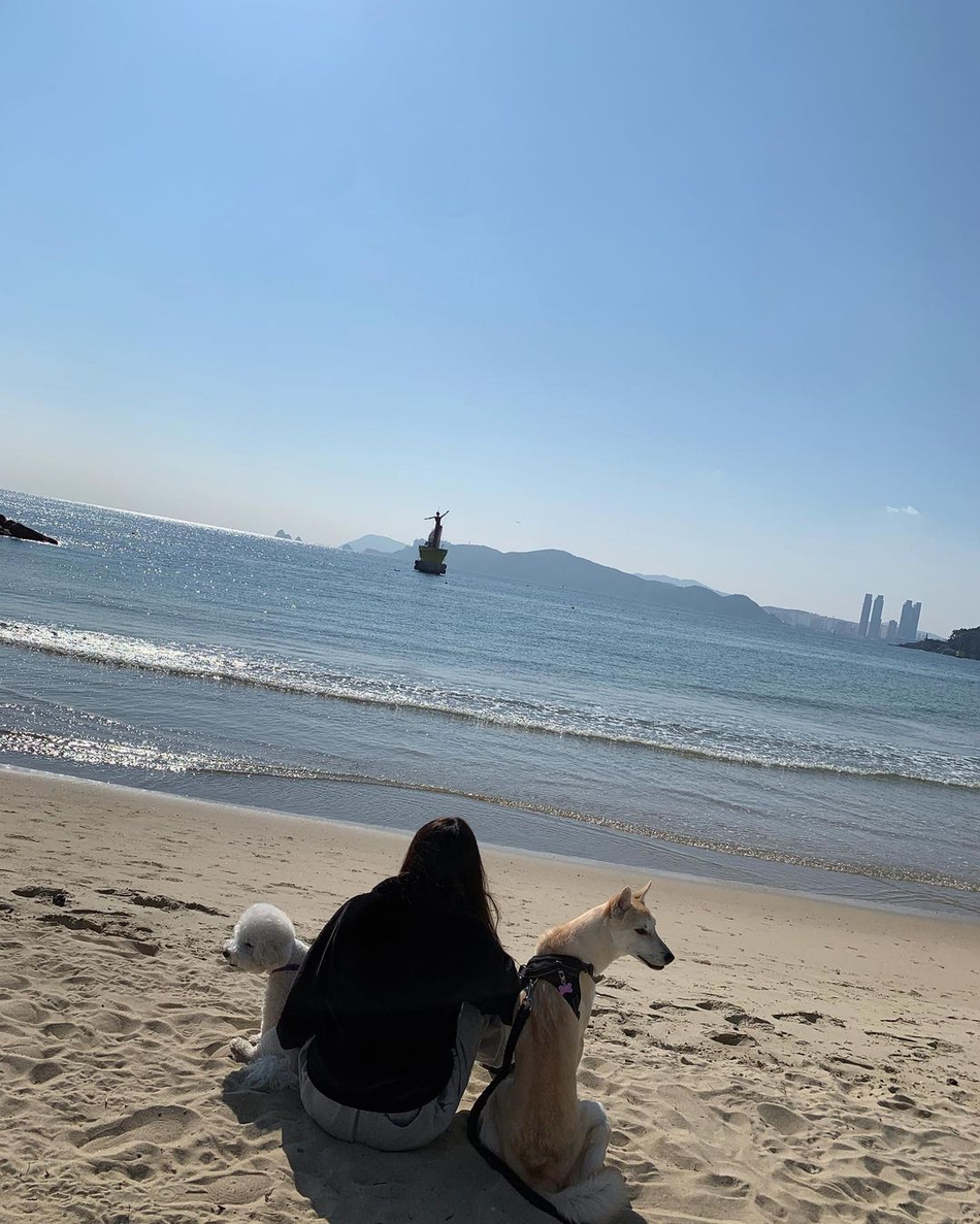 組圖：泫雅與狗狗海邊遊玩互動 穿黑色絨衞衣搭運動褲休閒感十足