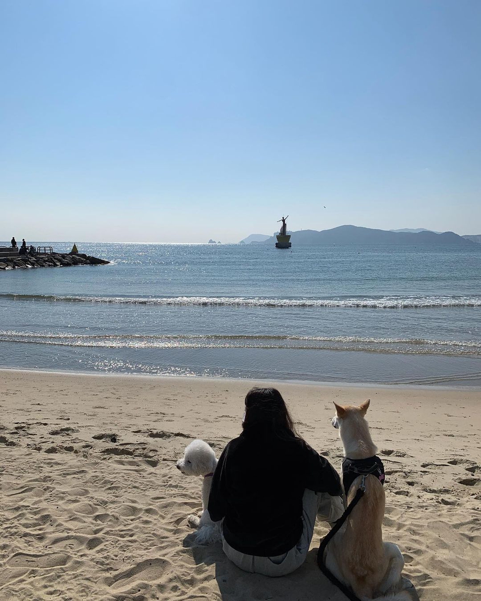 組圖：泫雅與狗狗海邊遊玩互動 穿黑色絨衞衣搭運動褲休閒感十足