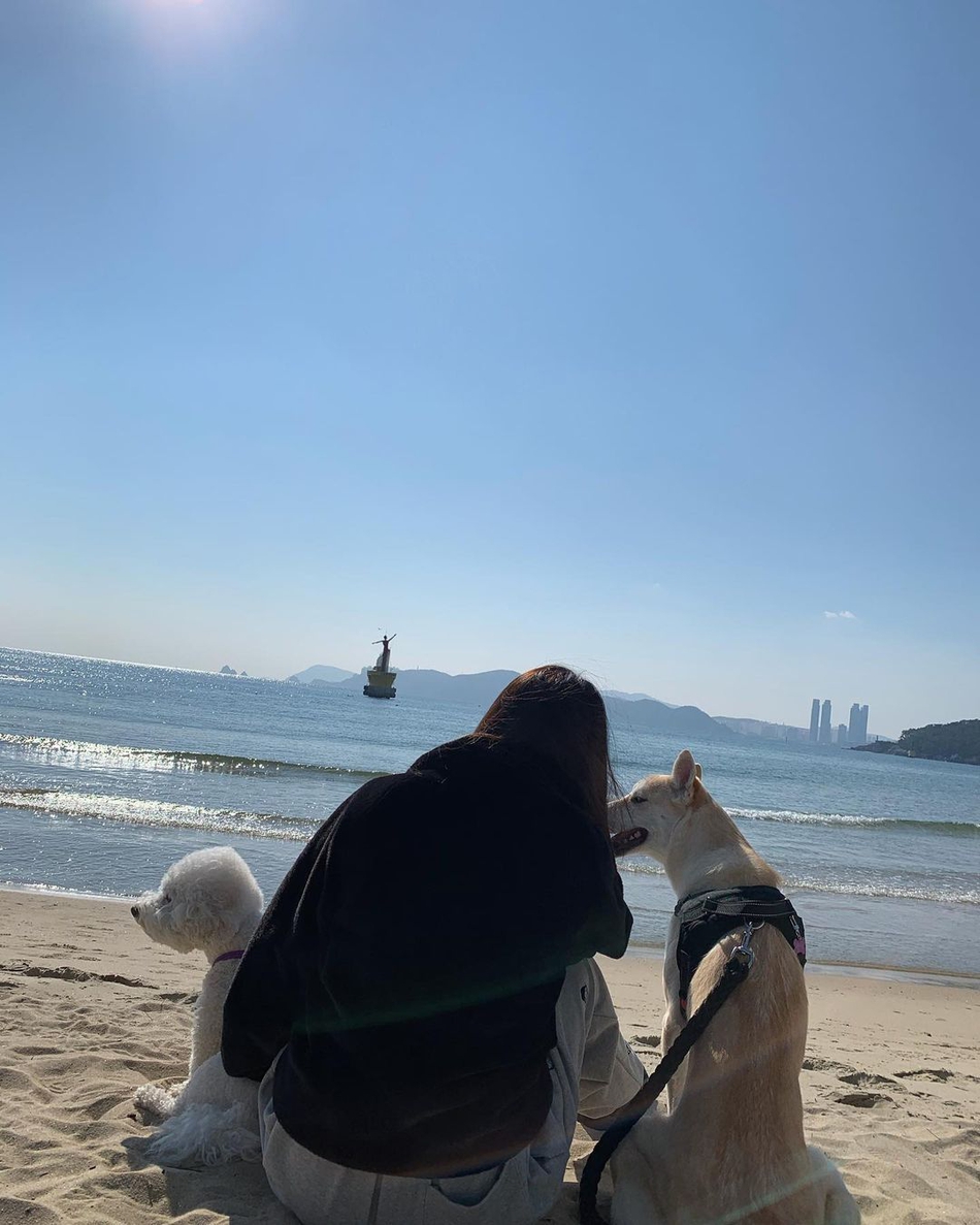 組圖：泫雅與狗狗海邊遊玩互動 穿黑色絨衞衣搭運動褲休閒感十足