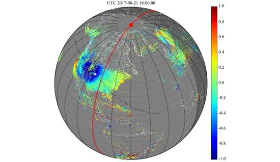 日食阴影区域内电离层电子浓度急剧减小，影响通讯（Zhang et al。 2017）。