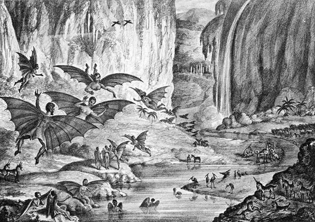 《纽约太阳报》1835年的一篇文章称月球上居住着一群长着翅膀的类人生物。来源：New York Sun