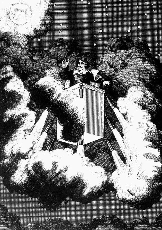 西哈诺·德·贝尔热哈克依靠喷射烟火的机器向月球进发。来源：Interfoto/Alamy