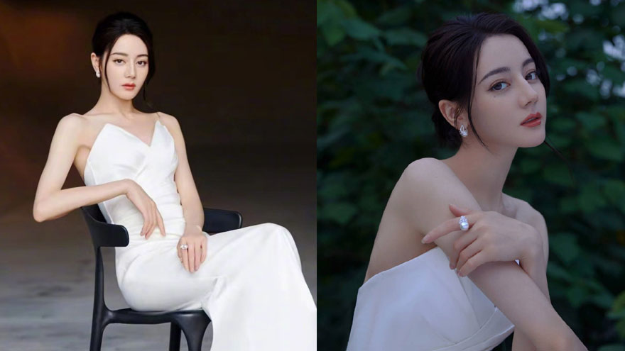 迪丽热巴身穿抹胸流光长裙拍大片 秀玲珑身姿超美