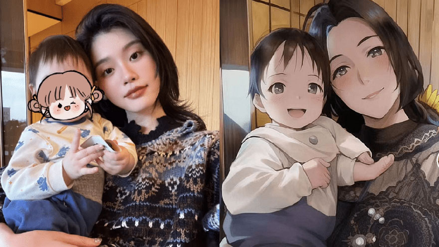 奚梦瑶与女儿头挨头合影 母女俩变身漫画美少女
