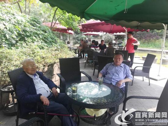 两位大爷在露天茶座喝茶聊天(宜宾新闻网 杨万洪 摄)