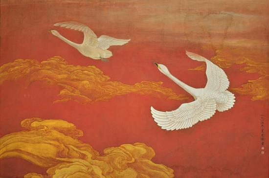 朱佩君《瑞鹄祥云》158x125cm绢本设色1984年