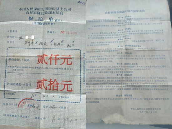 陈先生投保农村家庭长效还本保险保险单