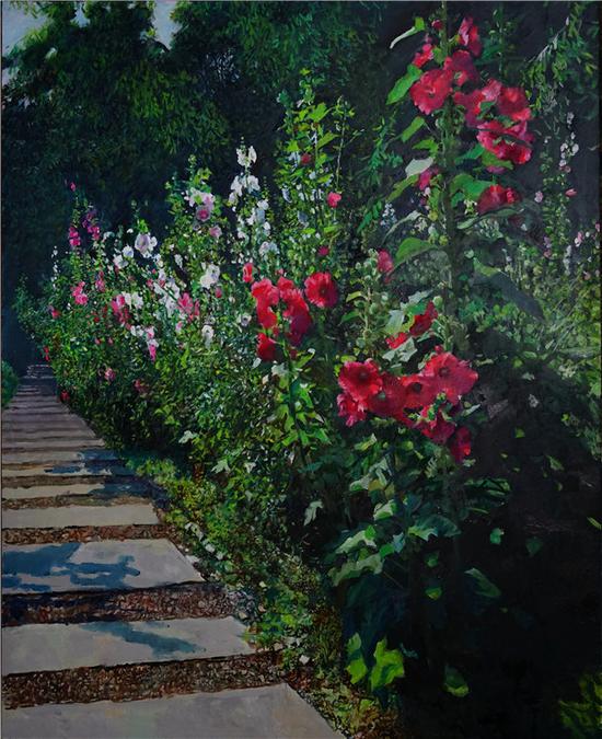 王龙生《蜀葵》100x80cm , 布面油画,2017年