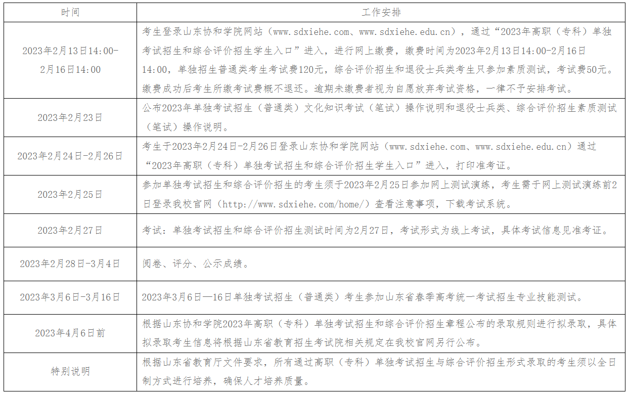 线上考试！2月25日开始模拟考试！山东协和学院2023年单独考试招生和综合评价招生工作时间安排表