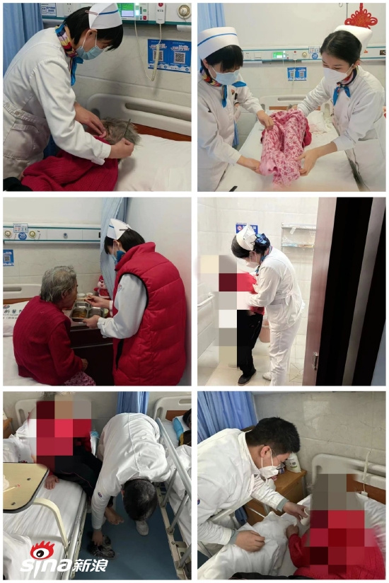 護士們給奶奶梳頭、喂飯、穿衣、喝水、穿鞋、陪同上廁所