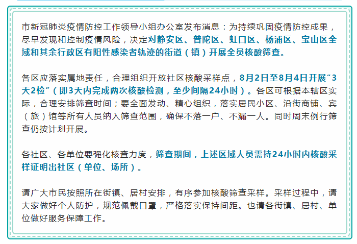 8月2日至4日 上海相关区域将开展3天2检全员核酸筛查