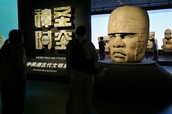 “世界树之巅：美洲古代文明大展”展览现场 奥尔梅克4号巨型头像 （ 澎湃新闻记者 朱伟辉 图）