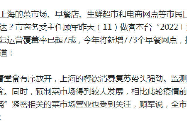 上海菜市场恢复运营覆盖率超7成 今年将新增773个早餐网点