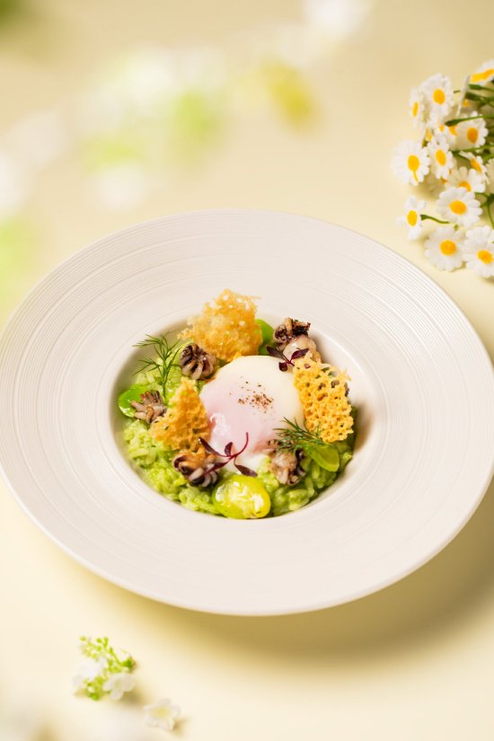 春季奶油蚕豆烩饭配迷你八爪鱼和温泉蛋