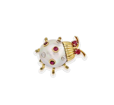 Ladybug胸针，1958年，黄K金、红宝石、珍珠、钻石，Van Cleef & Arpels Collection
