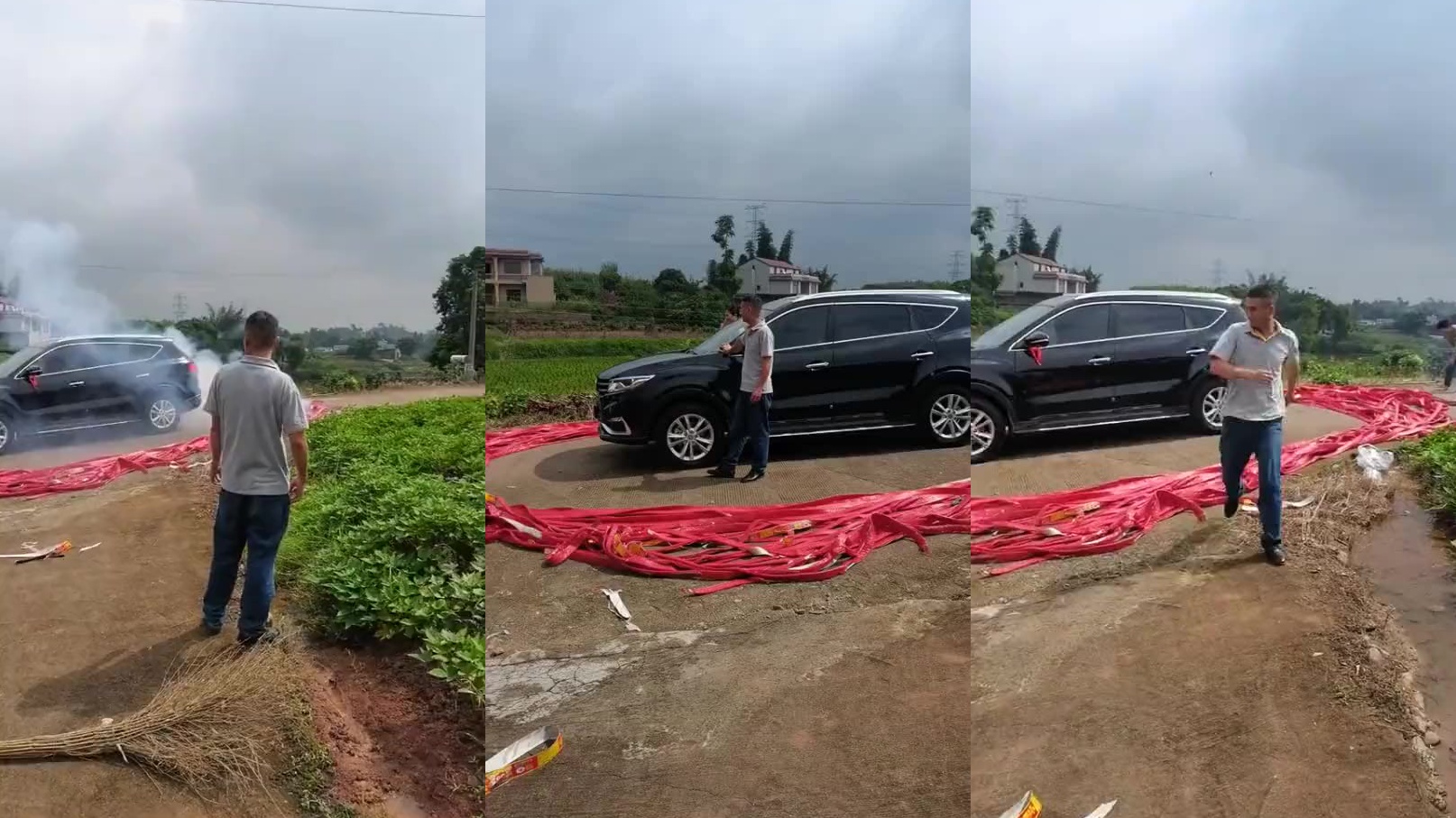 男子放鞭炮庆祝买新车 结果把别人车烧了
