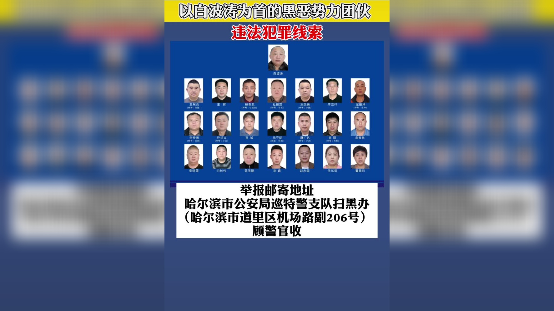 哈尔滨市公安局有奖征集以白波涛为首的黑恶势力团伙