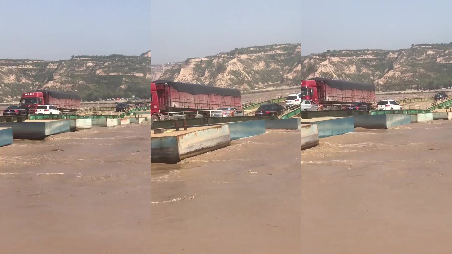 大货车居然也让过这浮桥,边上的汽车都不敢动了!