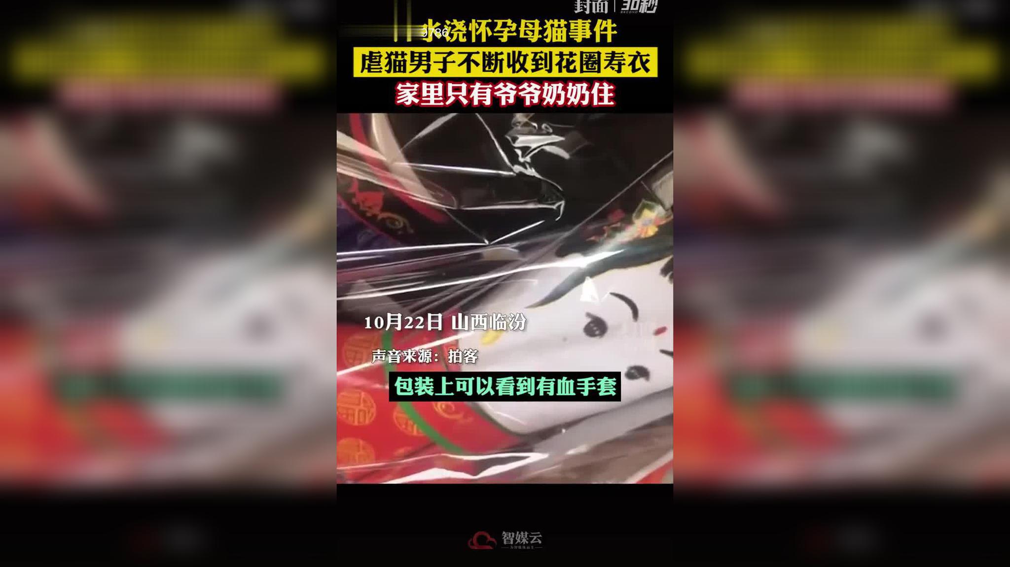 开水浇怀孕母猫事件后续:虐猫男子不断收到花圈寿衣