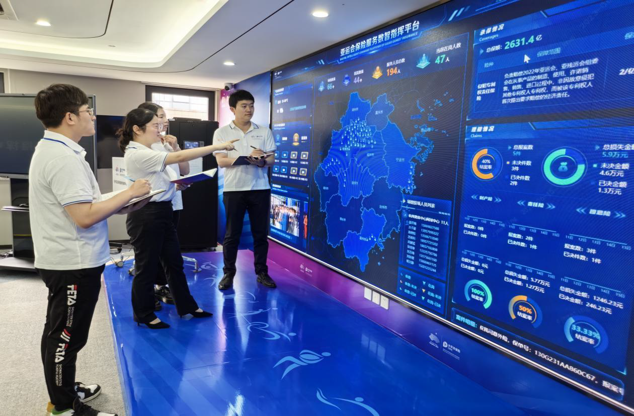 图说:杭州亚运会保险服务指挥中心现场服务团队通过“亚运会保险服务数智指挥平台”进行数据分析