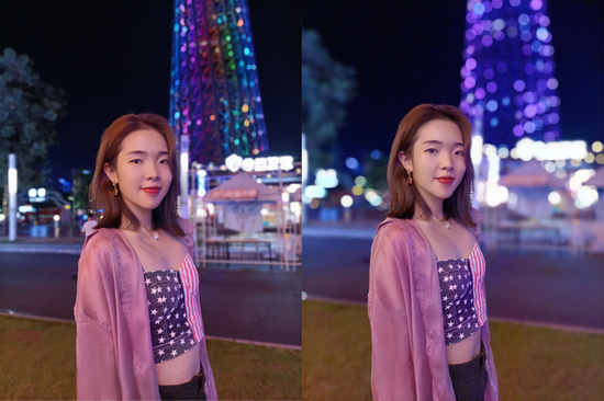 (左:普通人像模式,右:开启夜景光斑人像)