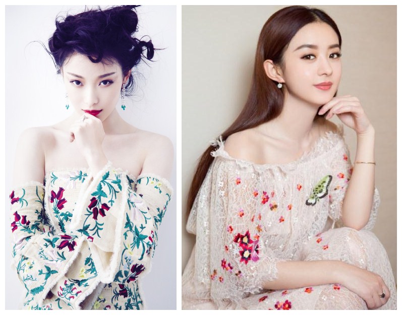 倪妮赵丽颖穿绣花露肩礼服隔1岁气质差距倒挺大的