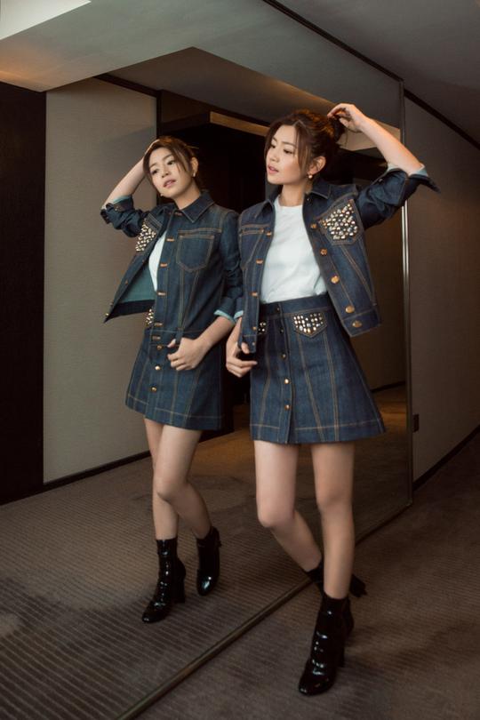 初恋女神陈妍希牛仔套装加漆皮靴，学霸美女的气场足