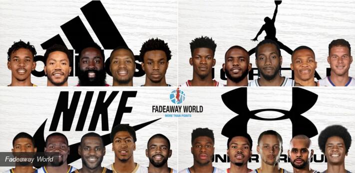 美国媒体《fadeaway world》排出了由nba球星代言的四大品牌首发阵容