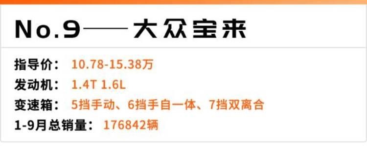 前9个月销量最大的10款轿车，大众一家独占一半！