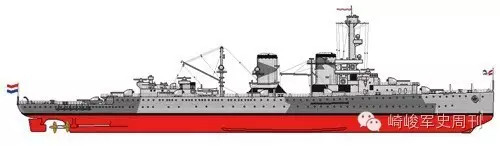 荷兰海军"爪哇"号轻巡洋舰在1942年时的侧视图.