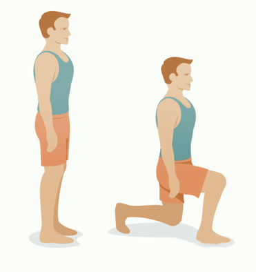 腿部练习,弓箭步 并步站立,左脚向前一大步, 左右脚同时弯曲成90度.