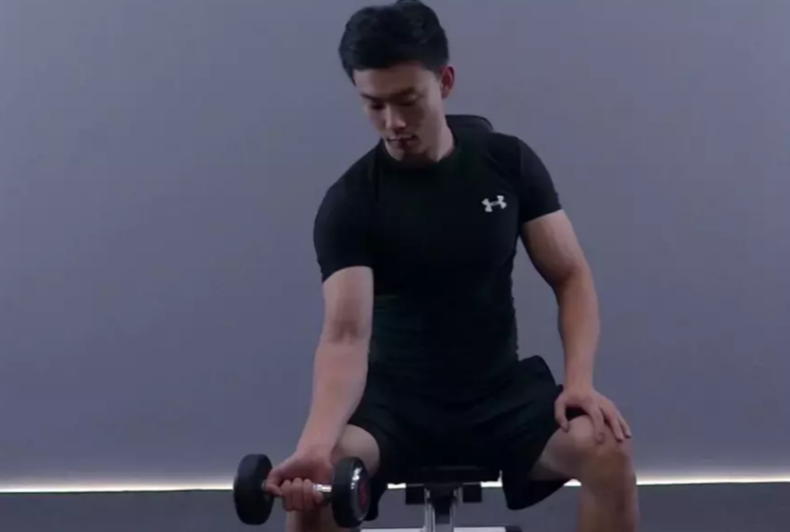 动作教学坐姿单臂哑铃反握手腕弯举