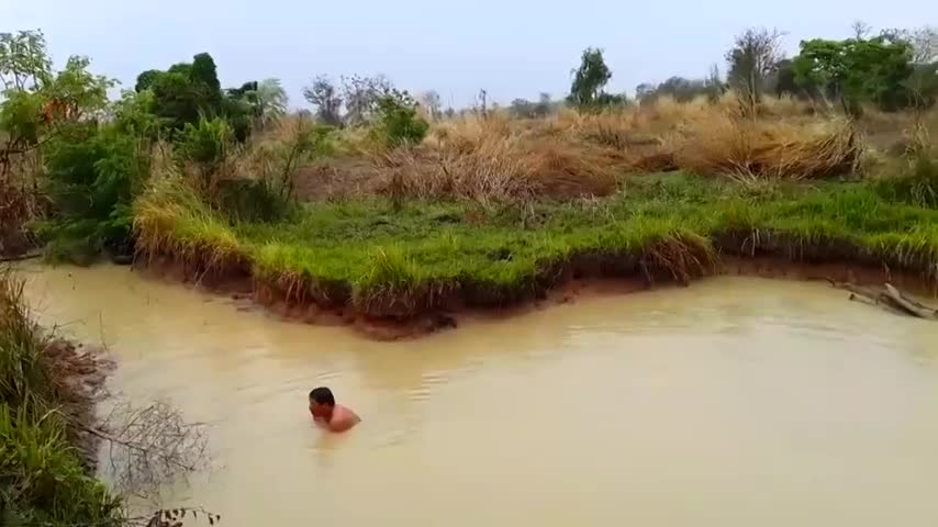 农村大叔在池塘摸鱼,这收获,晚上可以大餐一顿了