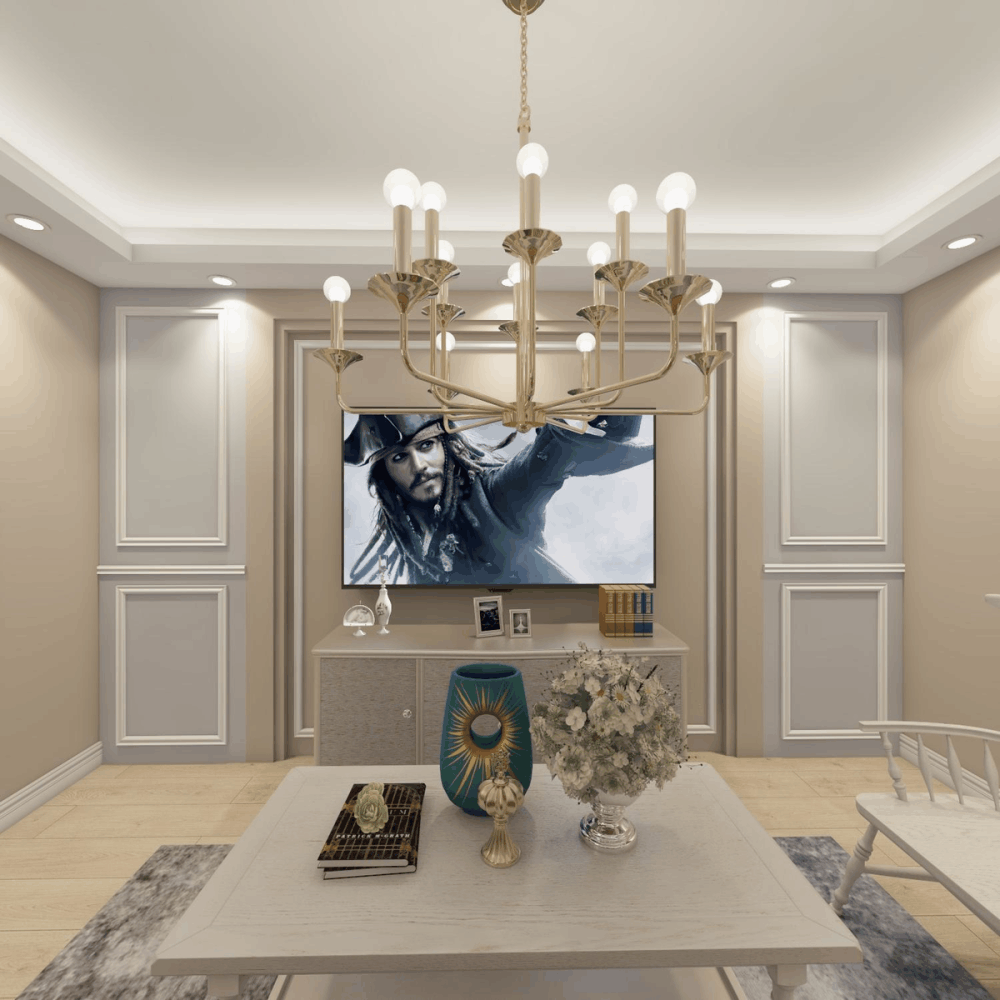 51㎡美式住宅设计, 石膏线装饰的电视背景墙很吸引人|背景墙|电视|石