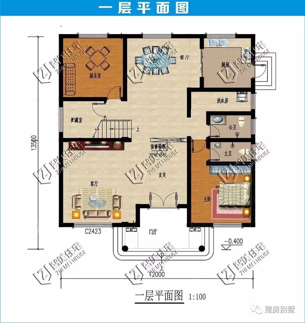 一款外墙用文化石和真石漆装饰的二层别墅户型,门斗设计尤为大气,二层