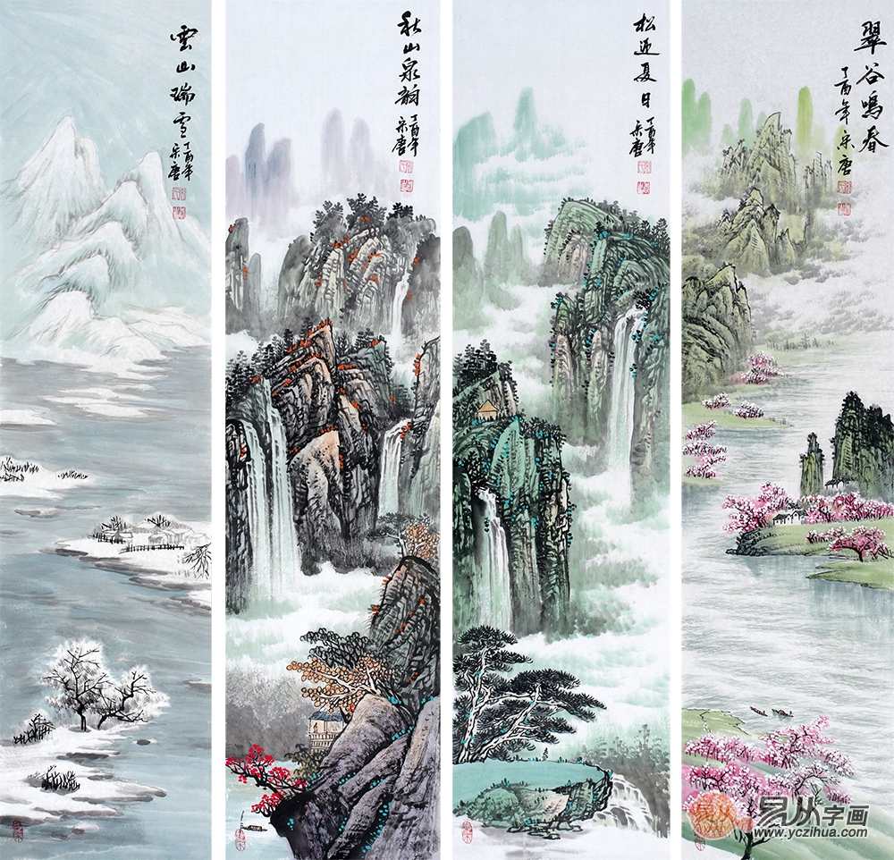 山水画四条屏欣赏!字画美景秀雅别致!