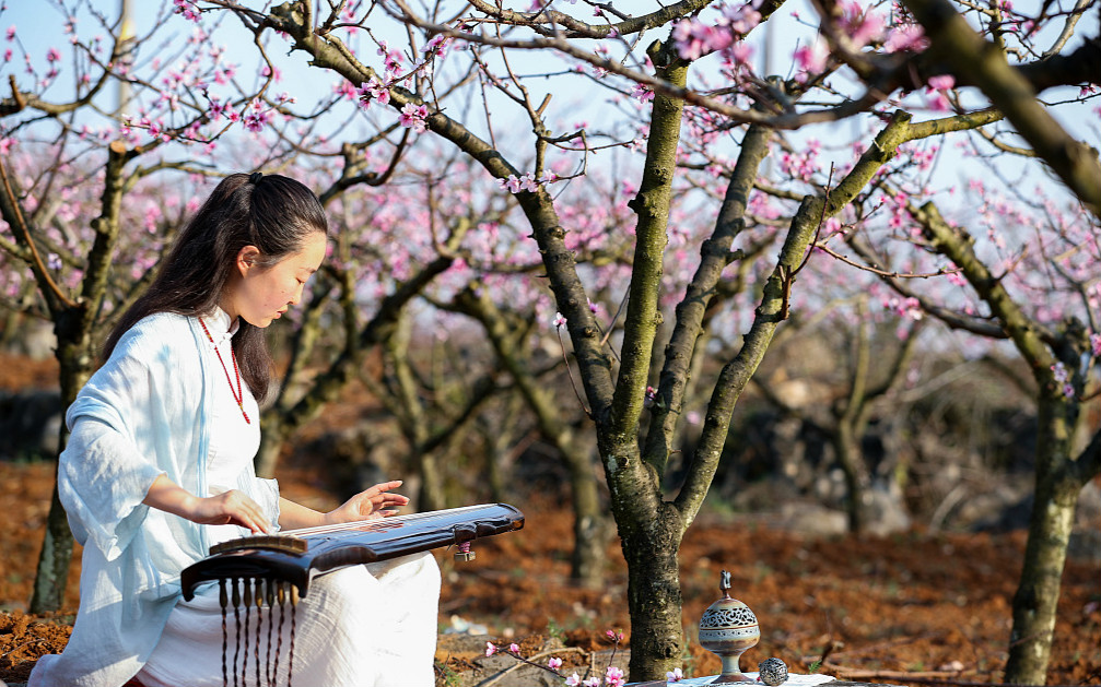 汉服美女桃园抚琴赏春光 网友惊呼:画面太美