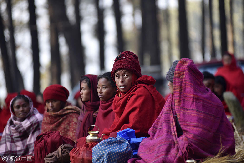 尼泊尔人庆祝印度教传统节日 众人池中"共浴"祈福