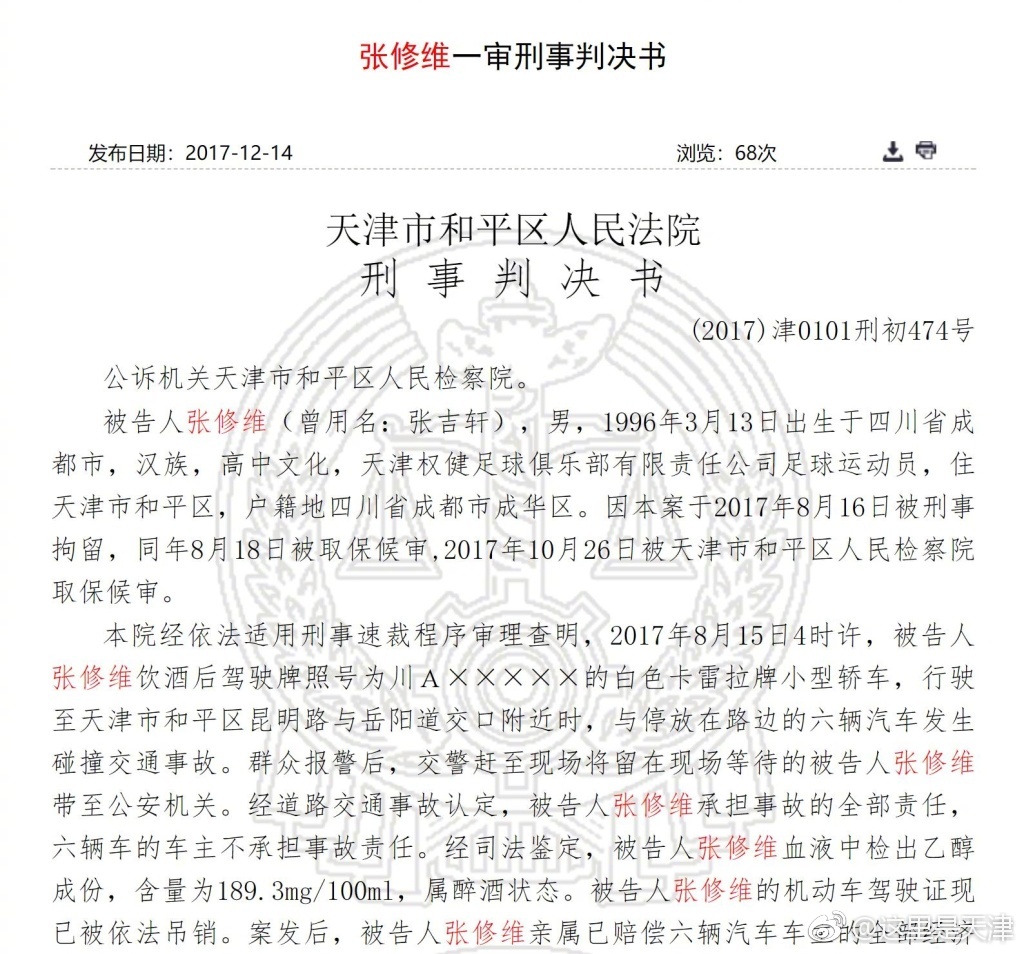 天津法院对张修维醉驾做出判决:张修维被判拘役三个月,缓刑三个月