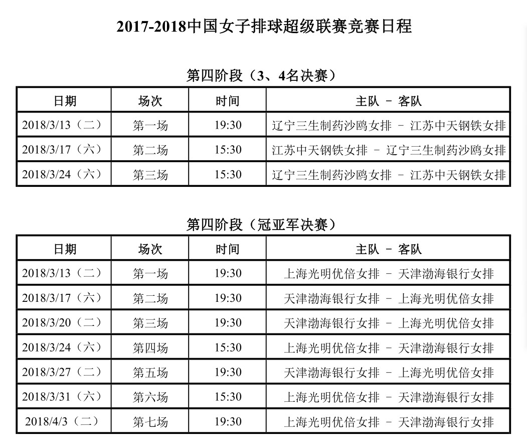 2017-2018中国女排超级联赛决赛日程